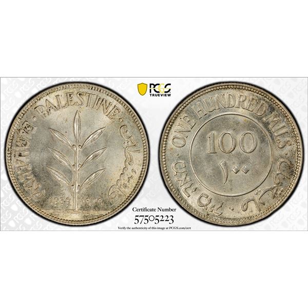 PALESTINE: British Mandate, AR 100 mils, 1939, PCGS MS62