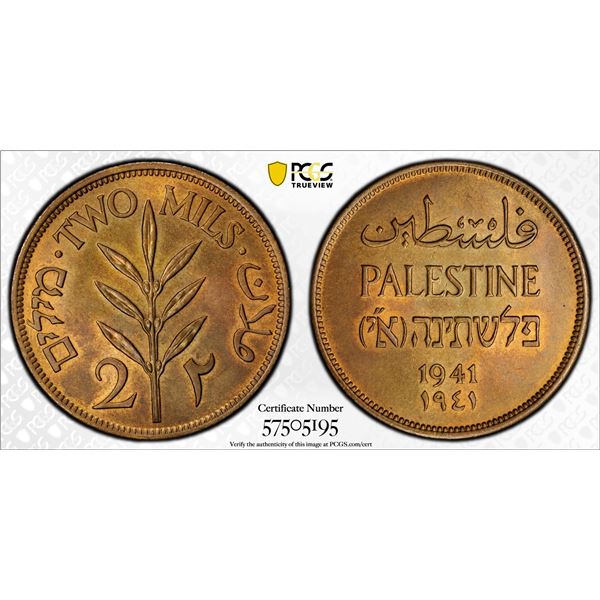 PALESTINE: British Mandate, AE 2 mils, 1941, PCGS MS63 BN