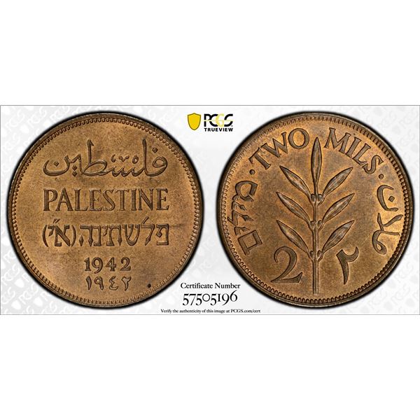 PALESTINE: British Mandate, AE 2 mils, 1942, PCGS MS64 RB