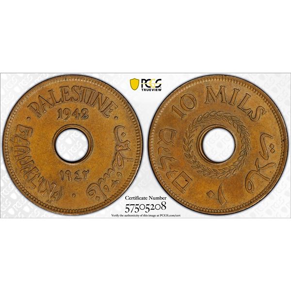 PALESTINE: British Mandate, AE 10 mils, 1942, PCGS MS63 BN