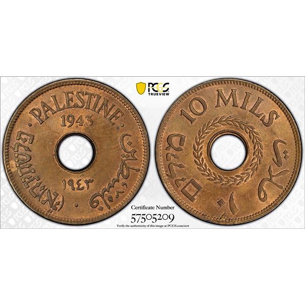PALESTINE: British Mandate, AE 10 mils, 1942, PCGS MS63 RB