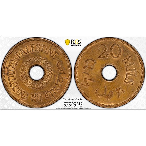 PALESTINE: British Mandate, AE 20 mils, 1942, PCGS MS63 BN