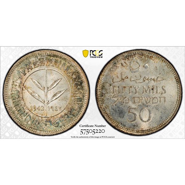 PALESTINE: British Mandate, AR 50 mils, 1942, PCGS MS63