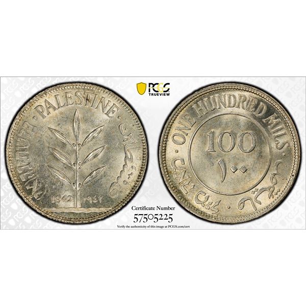 PALESTINE: British Mandate, AR 100 mils, 1942, PCGS MS61