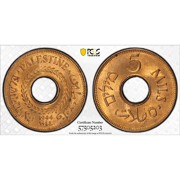 PALESTINE: British Mandate, AE 5 mils, 1944, PCGS MS64 RB