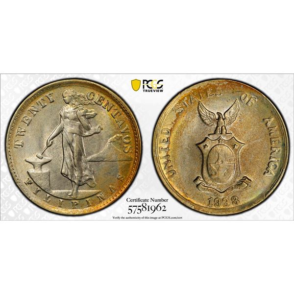 PHILIPPINES: Commonwealth, AR 20 centavos, 1938-M, PCGS MS65