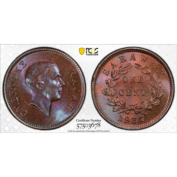 SARAWAK: Charles V. Brooke, 1917-1946, AE cent, 1937-H, PCGS MS65
