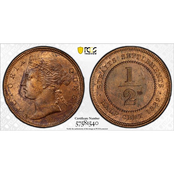 STRAITS SETTLEMENTS: Victoria, 1867-1901, AE 1/2 cent, 1889, PCGS UNC details