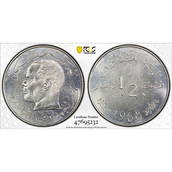 TUNISIA: Republic, 1/2 dinar, 1968, PCGS MS65