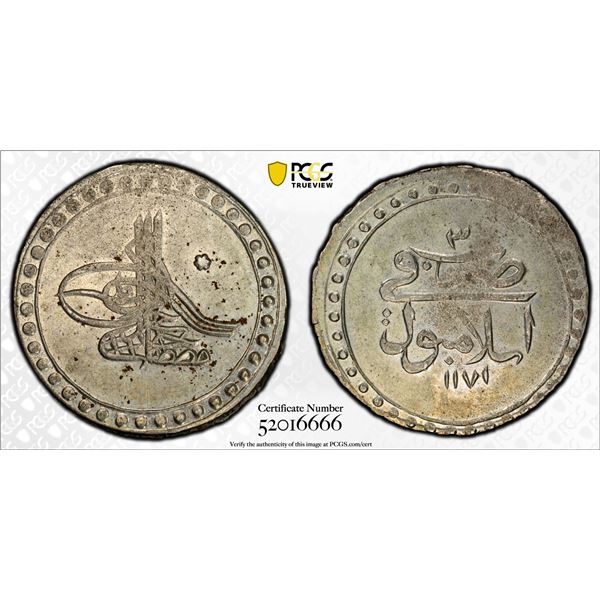 TURKEY (OTTOMAN): Mustafa III, 1757-1774, AR 20 para, Islambul, AH1171 year 3, PCGS AU58