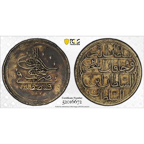 TURKEY (OTTOMAN): Abdul Hamid I, 1774-1789, AR 20 para, Kostantiniye, AH1187 year 1, PCGS AU details