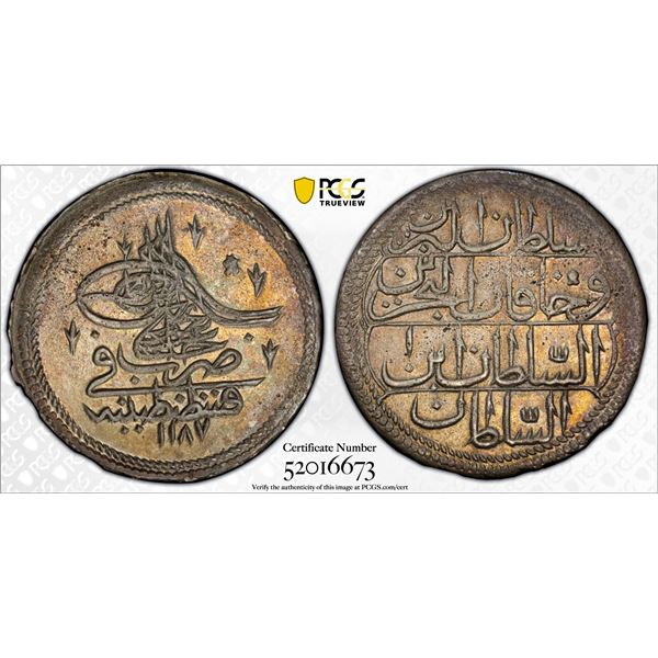 TURKEY (OTTOMAN): Abdul Hamid I, 1774-1789, AR 20 para, Kostantiniye, AH1187 year 1, PCGS AU details