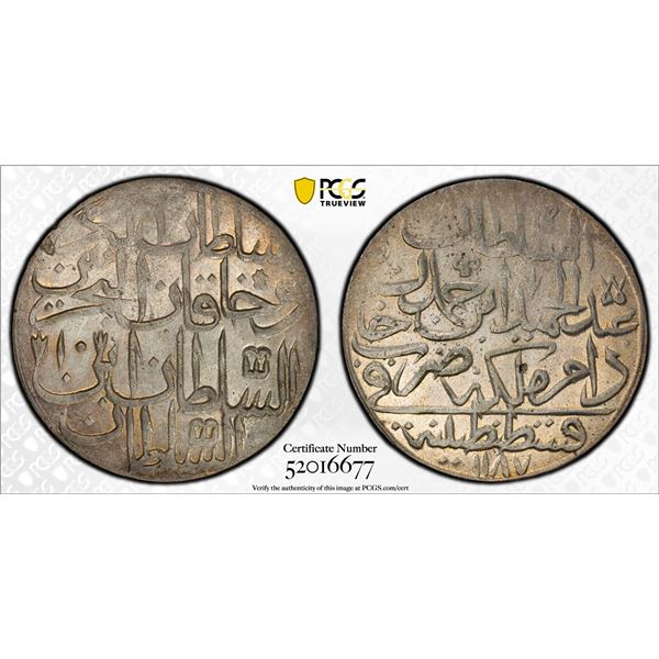 TURKEY (OTTOMAN): Abdul Hamid I, 1774-1789, AR zolota, Kostantiniye, AH1187 year 10, PCGS UNC detail