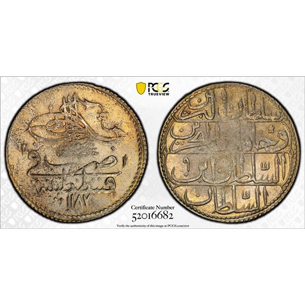 TURKEY (OTTOMAN): Abdul Hamid I, 1774-1789, AR kurush, Kostantiniye, AH1187 year 9, PCGS UNC details