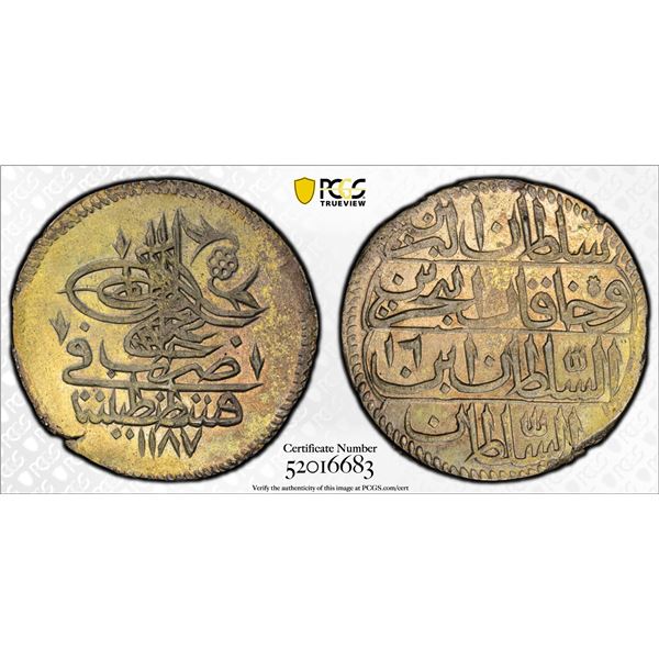 TURKEY (OTTOMAN): Abdul Hamid I, 1774-1789, AR kurush, Kostantiniye, AH1187 year 16, PCGS UNC detail