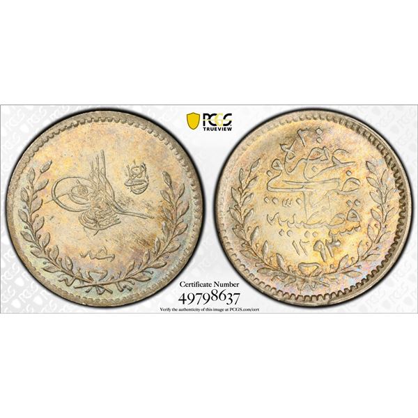 TURKEY (OTTOMAN): Abdul Hamid II, 1876-1909, AR 20 para, Kostantiniye, AH1293 year 8 (1883), PCGS MS