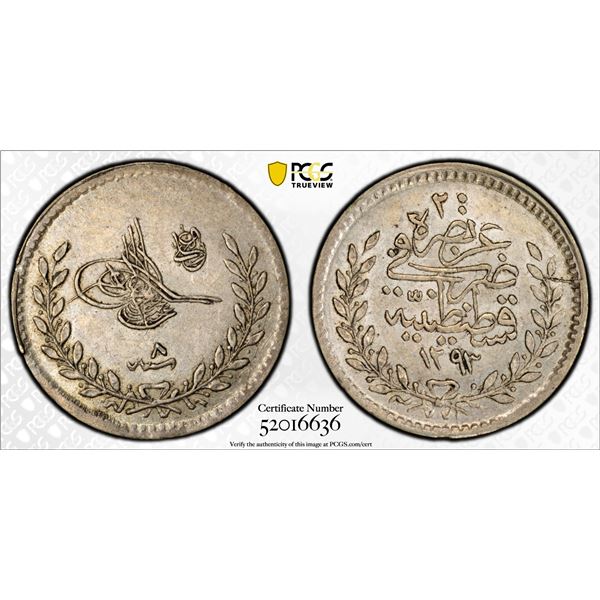 TURKEY (OTTOMAN): Abdul Hamid II, 1876-1909, AR 20 para, Kostantiniye, AH1293 year 8, PCGS MS62