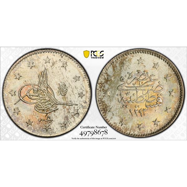 TURKEY (OTTOMAN): Abdul Hamid II, 1876-1909, AR 2 kurush, Kostantiniye, AH1293 year 8 (1883), PCGS M