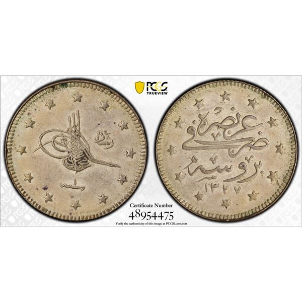 TURKEY (OTTOMAN): Mehmet V, 1909-1918, AR 2 kurush, Bursa, AH1327 year 1, PCGS AU58