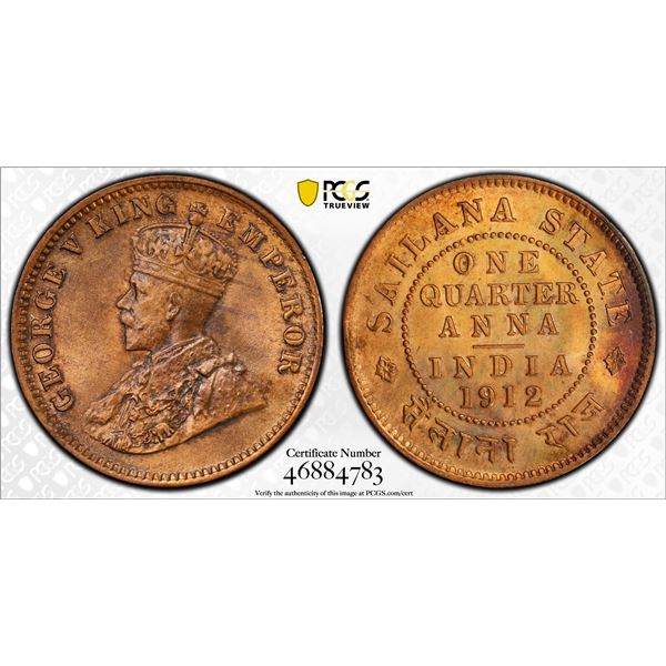 SAILANA: Jaswant Singh, 1890-1919, AE 1/4 anna, 1912, PCGS UNC details