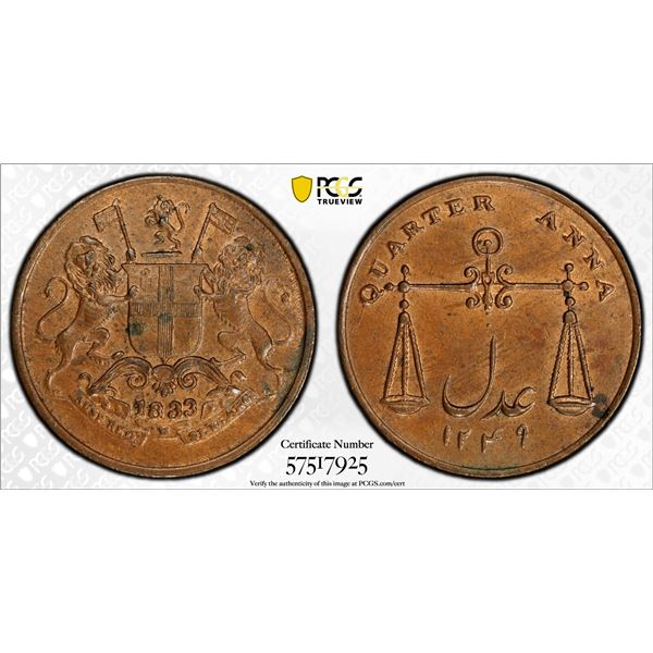 BOMBAY PRESIDENCY: AE 1/4 anna, 1833/AH1249, PCGS MS63 BN