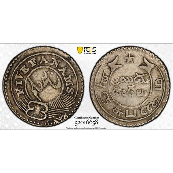 MADRAS PRESIDENCY: AR 5 fanams, ND (1808), PCGS VF35