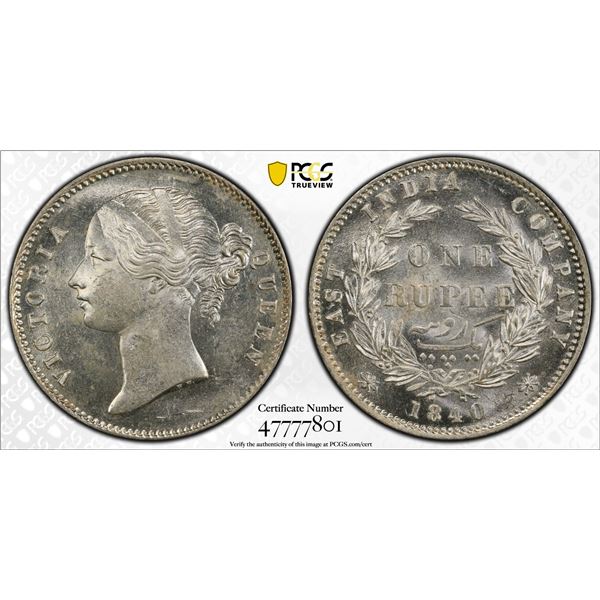 BRITISH INDIA: Victoria, Queen, 1837-1876, AR rupee, 1840b&c, PCGS MS62