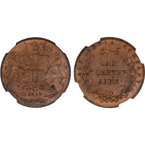 BRITISH INDIA: Victoria, Queen, 1837-1876, AE 1/4 anna, 1858, NGC MS65 RB