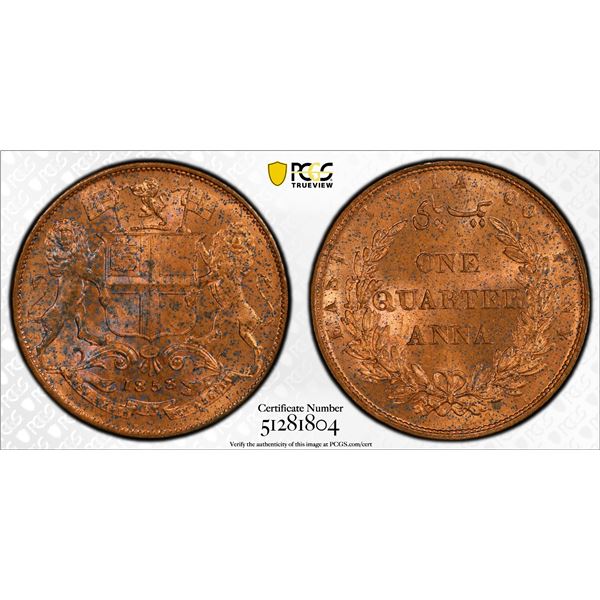 BRITISH INDIA: Victoria, Queen, 1837-1876, AE 1/4 anna, 1858(h), PCGS MS64 RB