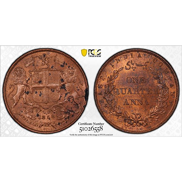 BRITISH INDIA: Victoria, Queen, 1837-1876, AE 1/4 anna, 1858(h), PCGS MS63 RB