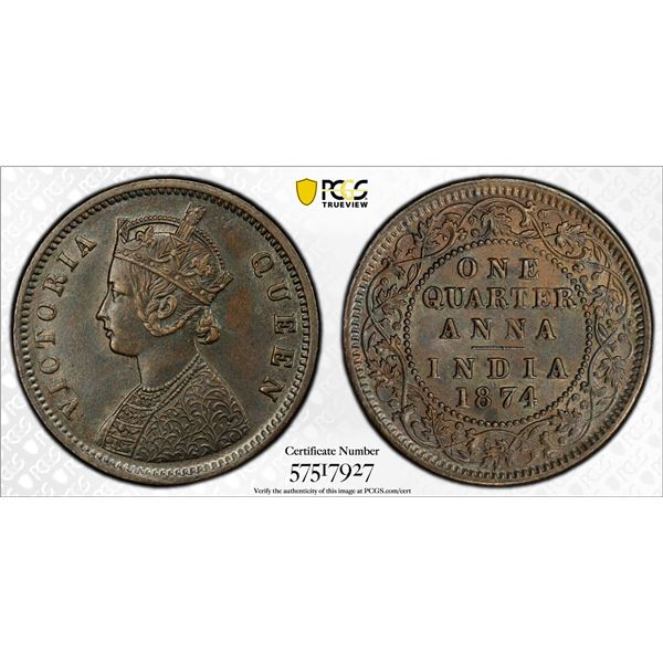 BRITISH INDIA: Victoria, Queen, 1837-1876, AE 1/4 anna, 1874(c), PCGS AU58