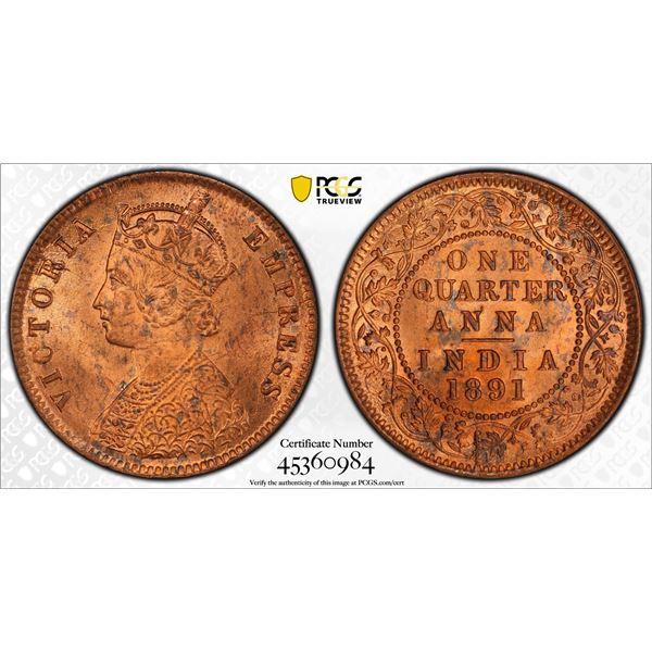 BRITISH INDIA: Victoria, Empress, 1876-1901, AE 1/4 anna, 1891(c), PCGS MS64 RB.