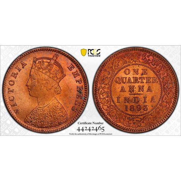 BRITISH INDIA: Victoria, Empress, 1876-1901, AE 1/4 anna, 1893(c), PCGS MS65 RD