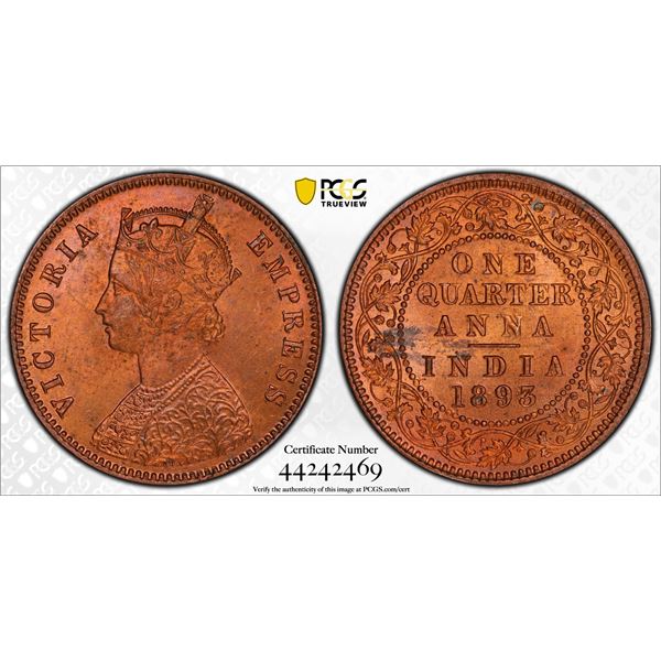BRITISH INDIA: Victoria, Empress, 1876-1901, AE 1/4 anna, 1893(c), PCGS MS64 RD
