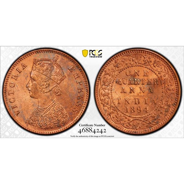 BRITISH INDIA: Victoria, Empress, 1876-1901, AE 1/4 anna, 1894(c), PCGS MS63 RB
