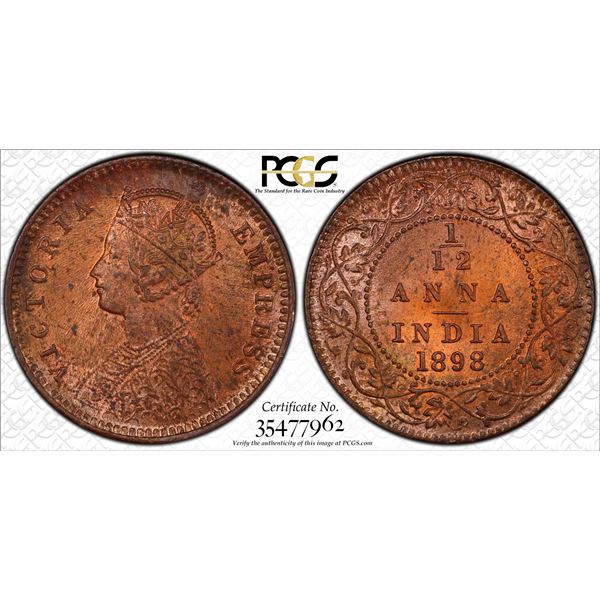 BRITISH INDIA: Victoria, Empress, 1876-1901, AE 1/12 anna, 1898(c), PCGS MS63 RB