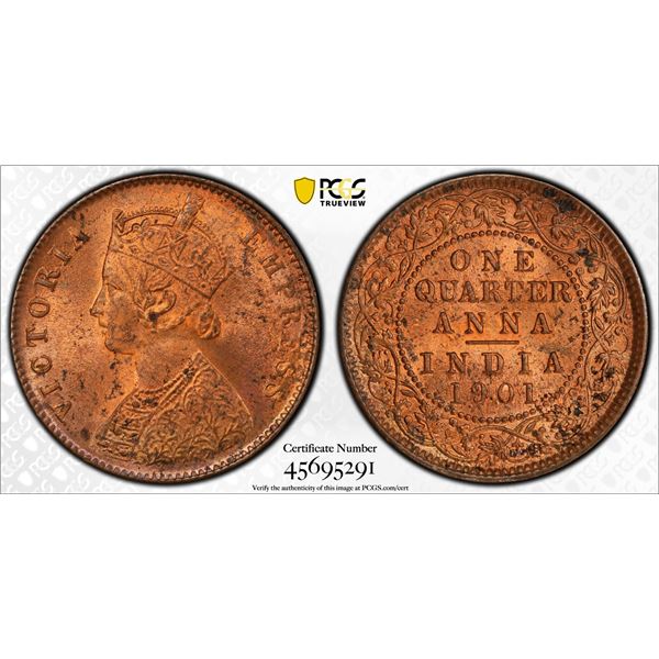 BRITISH INDIA: Victoria, Empress, 1876-1901, AE 1/4 anna, 1901(c), PCGS MS64 RB