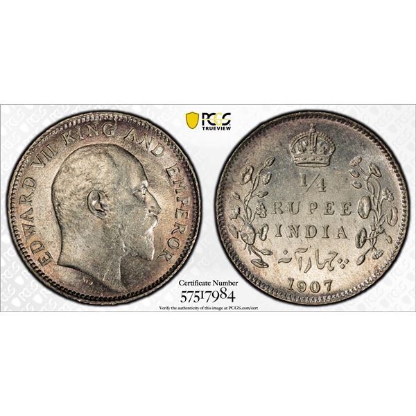 BRITISH INDIA: Edward VII, 1901-1910, AR 1/4 rupee, 1907(c), PCGS MS62