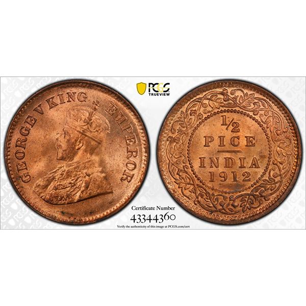 BRITISH INDIA: George V, 1910-1936, AE ½ pice, 1912(c), PCGS MS65 RD
