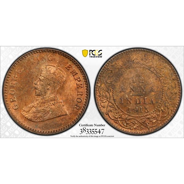 BRITISH INDIA: George V, 1910-1936, AE 1/12 anna, 1915(c), PCGS MS63 RB
