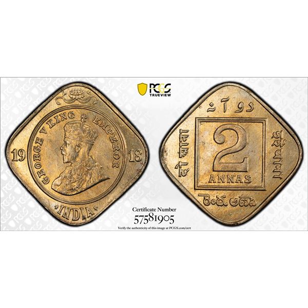 BRITISH INDIA: George V, 1910-1936, 2 annas, 1918(c), PCGS MS64