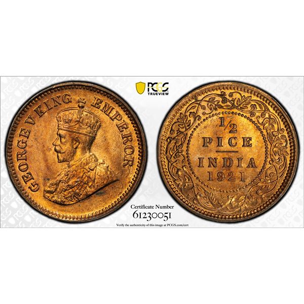 BRITISH INDIA: George V, 1910-1936, AE 1/2 pice, 1921(c), PCGS MS65 RD
