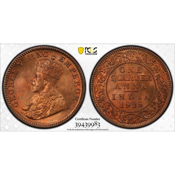 BRITISH INDIA: George V, 1910-1936, AE ¼ anna, 1929(c), PCGS MS66 RB
