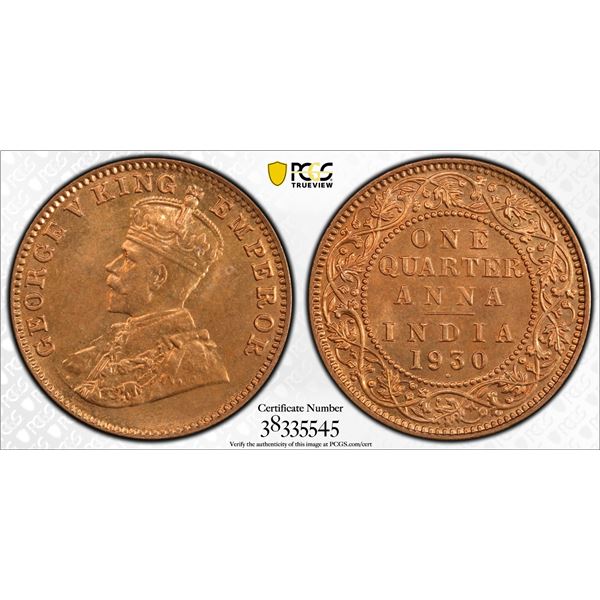 BRITISH INDIA: George V, 1910-1936, AE 1/4 anna, 1930(b), PCGS MS66 RD