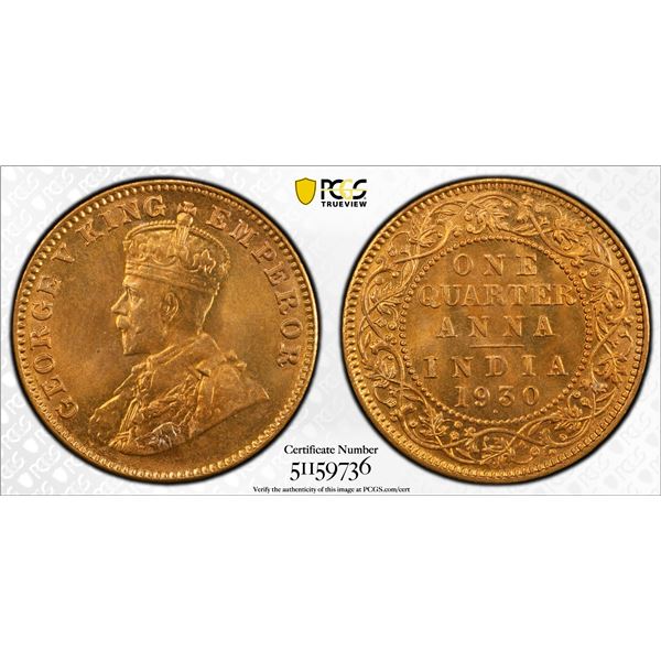 BRITISH INDIA: George V, 1910-1936, AE 1/4 anna, 1930(b), PCGS MS66 RD