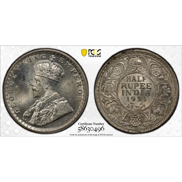 BRITISH INDIA: George V, 1910-1936, AR 1/2 rupee, 1934(c), PCGS MS65