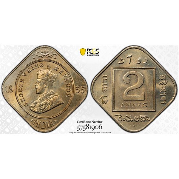 BRITISH INDIA: George V, 1910-1936, 2 annas, 1935(b), PCGS MS65