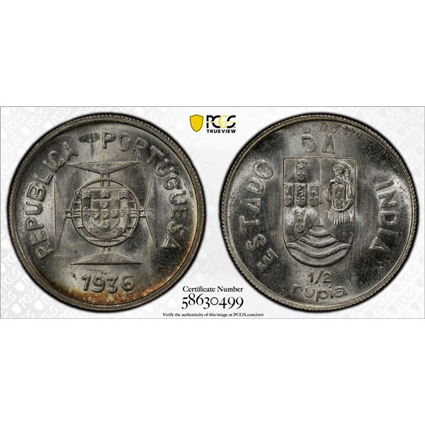 PORTUGUESE INDIA: AR 1/2 rupia, 1936, PCGS MS65