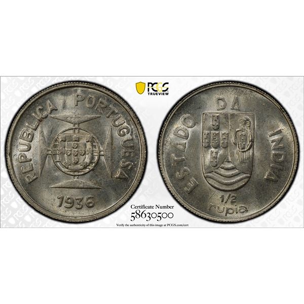 PORTUGUESE INDIA: AR 1/2 rupia, 1936, PCGS MS64
