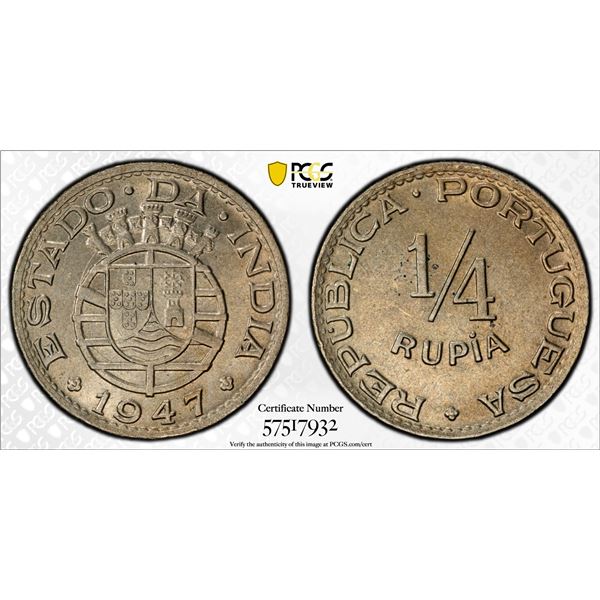 PORTUGUESE INDIA: 1/4 rupia, 1947, PCGS MS64